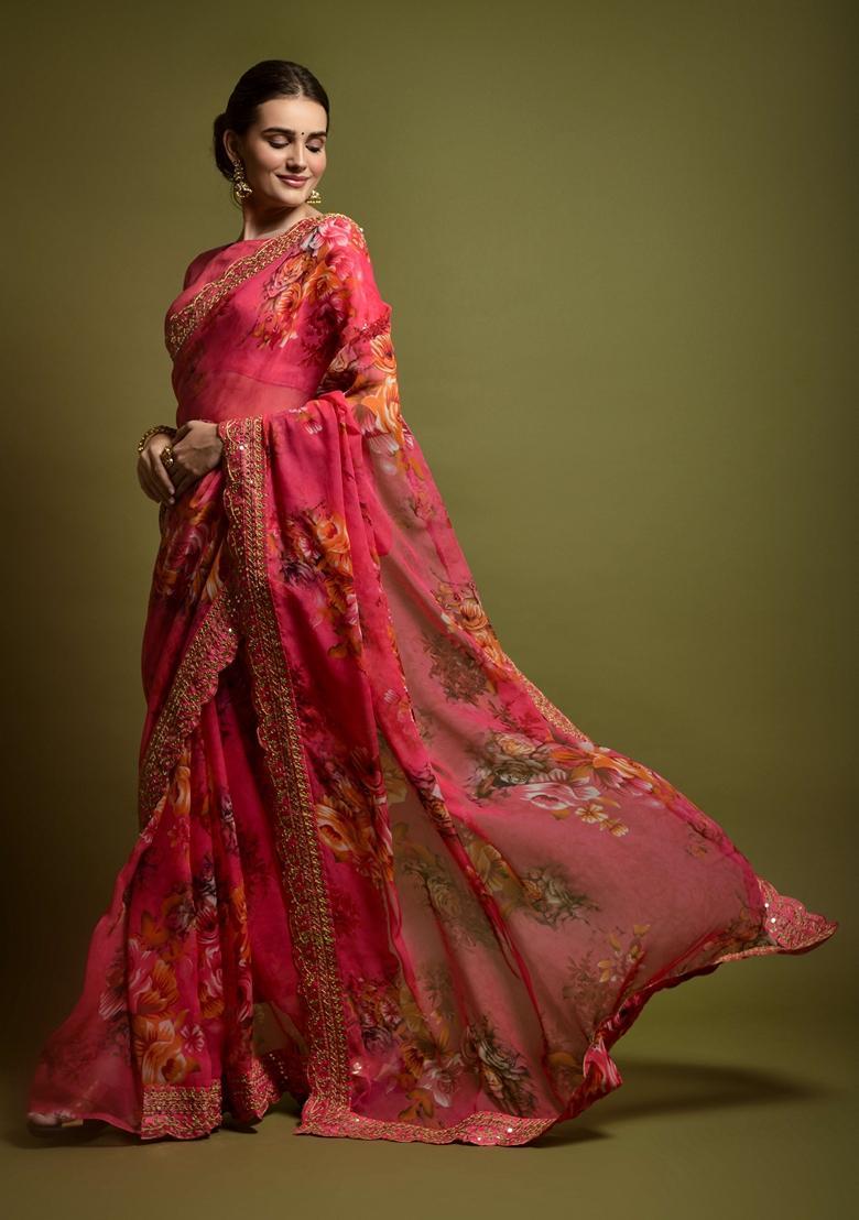 Pink Lace Work Chiffon Saree Set - Indya