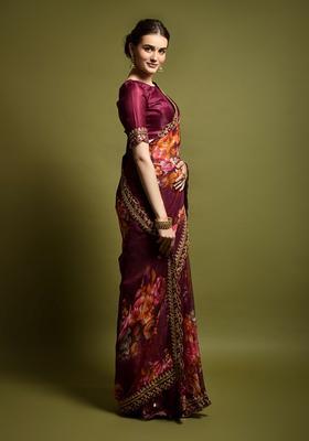 Wine Lace Work Chiffon Saree Set