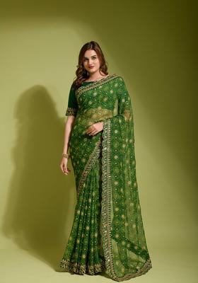 Green Lace Work Chiffon Saree Set