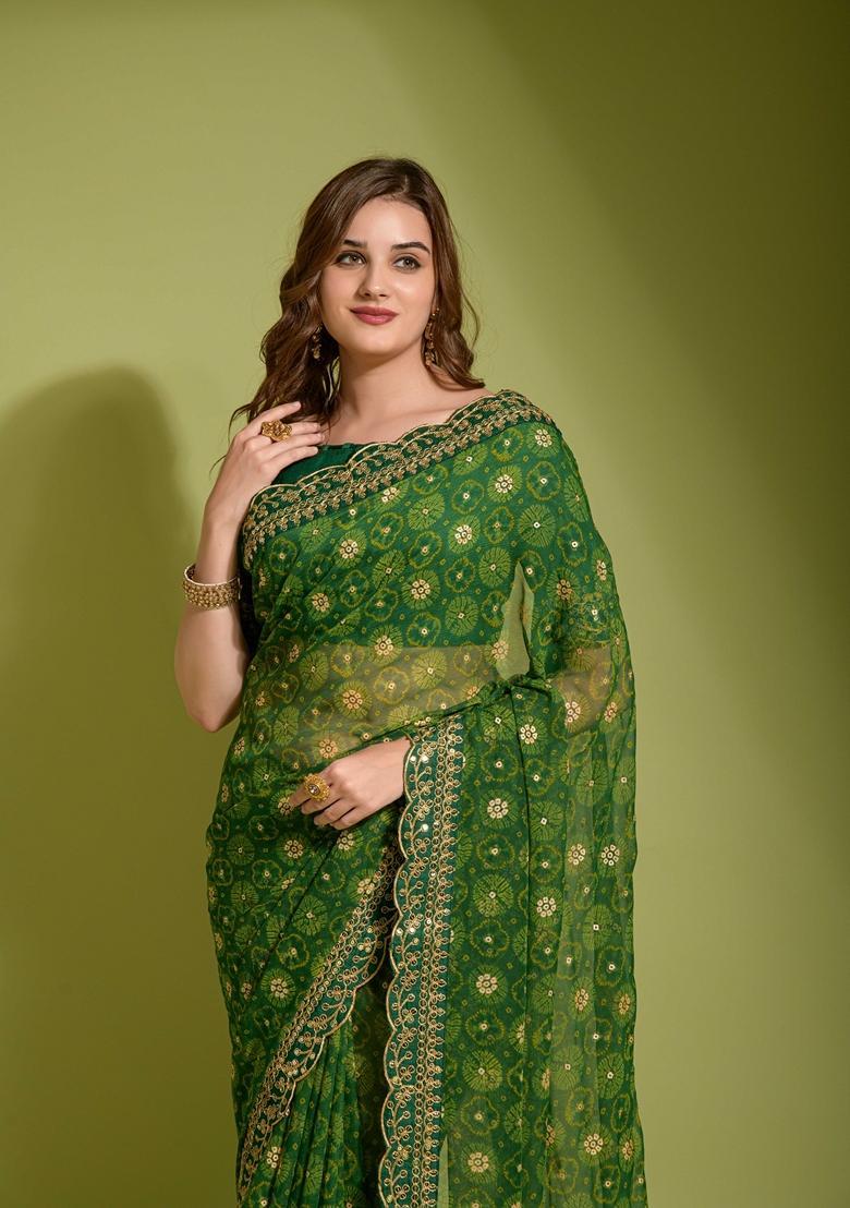 Green Lace Work Chiffon Saree Set - Indya