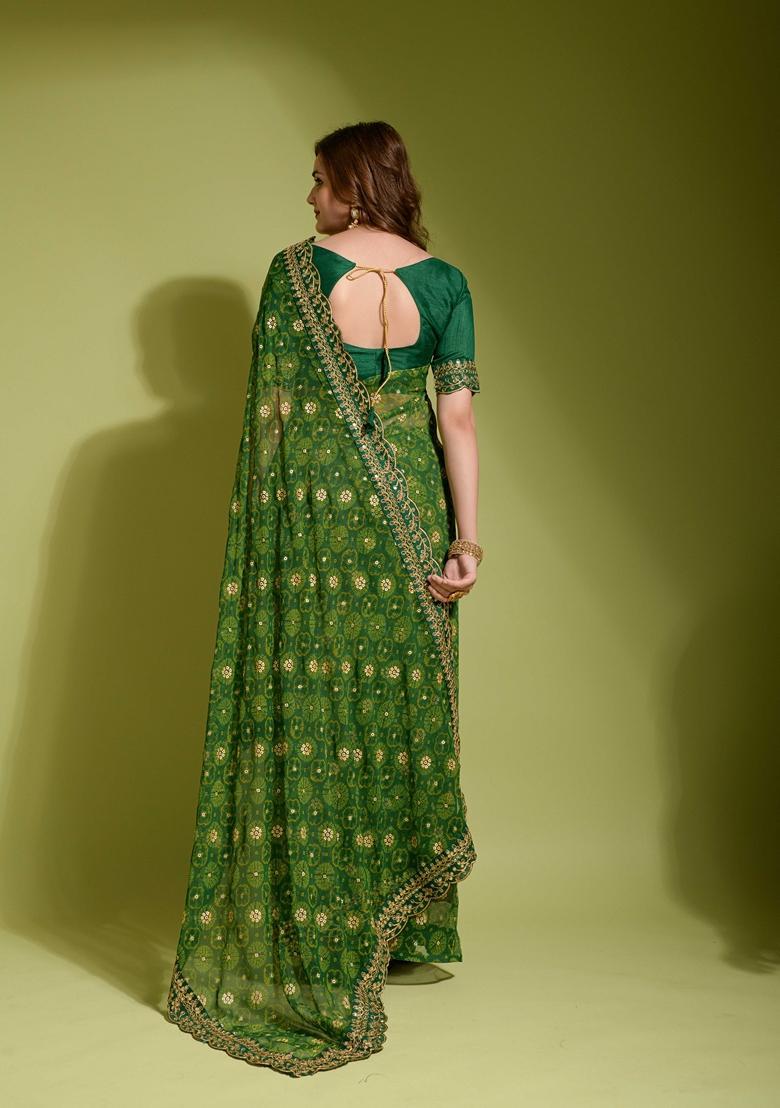 Green Lace Work Chiffon Saree Set - Indya