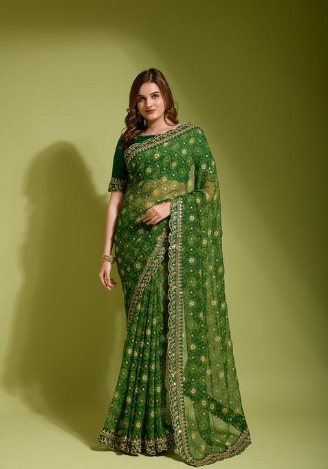 Green Lace Work Chiffon Saree Set