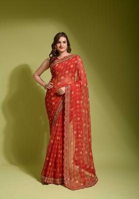 Red Lace Work Chiffon Saree Set
