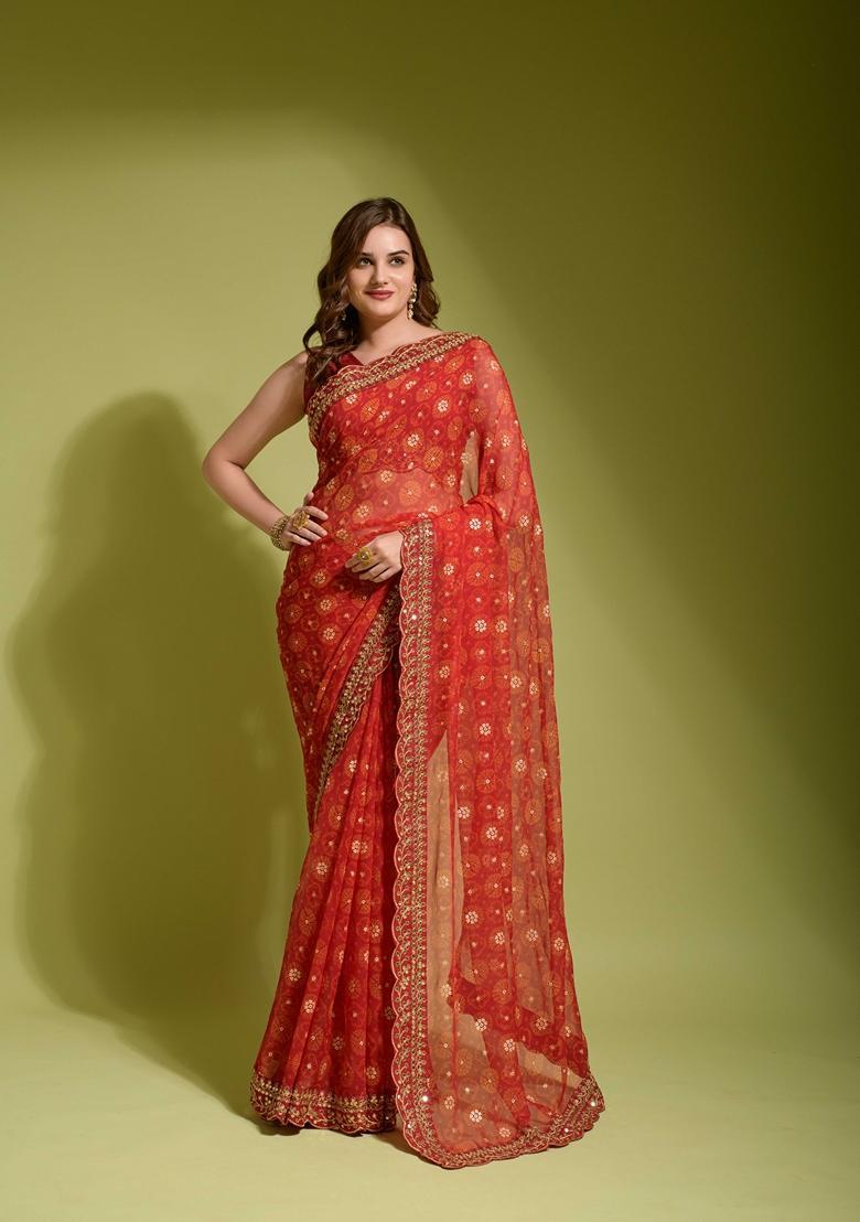 Red Lace Work Chiffon Saree Set - Indya