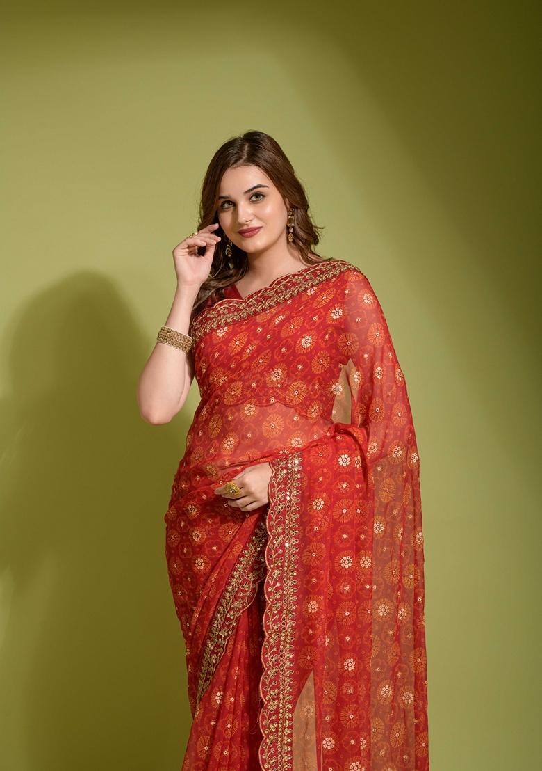Red Lace Work Chiffon Saree Set - Indya