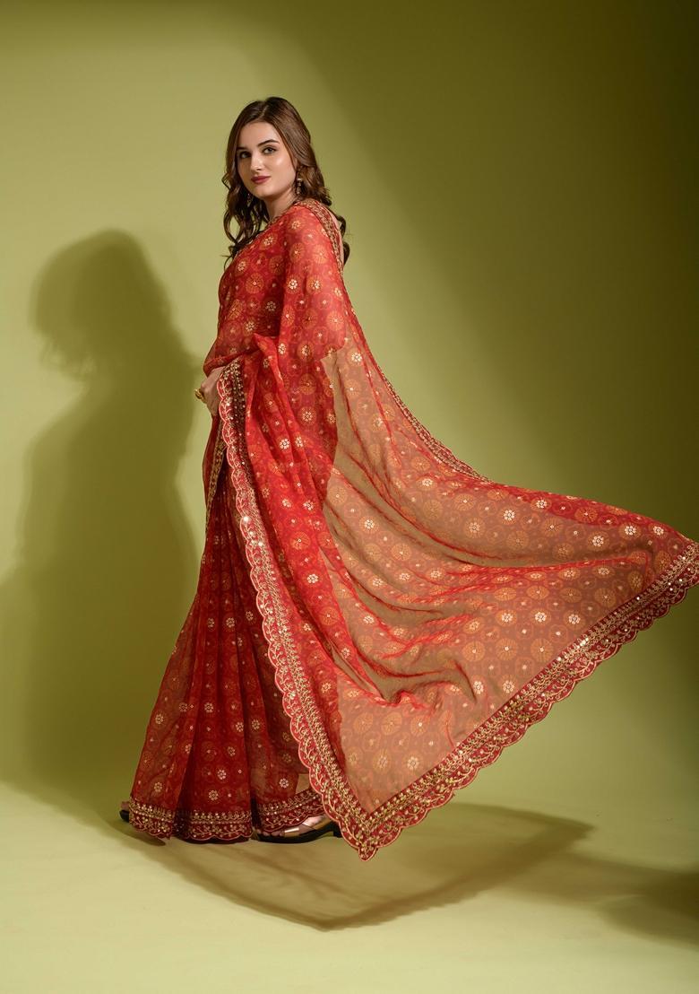 Red Lace Work Chiffon Saree Set - Indya
