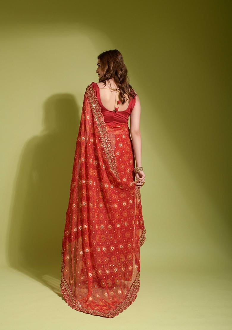 Red Lace Work Chiffon Saree Set - Indya