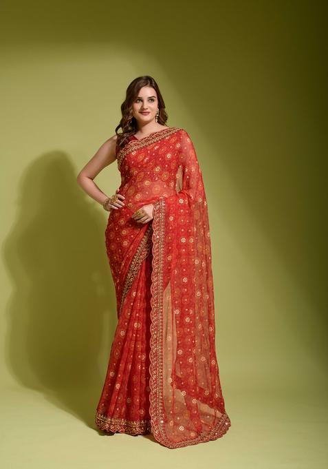 Red Lace Work Chiffon Saree Set