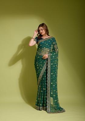 Teal Lace Work Chiffon Saree Set