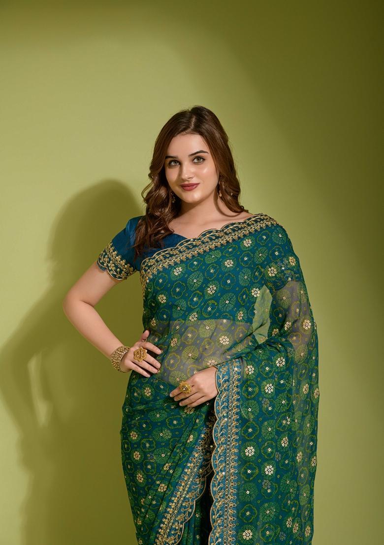 Teal Lace Work Chiffon Saree Set - Indya