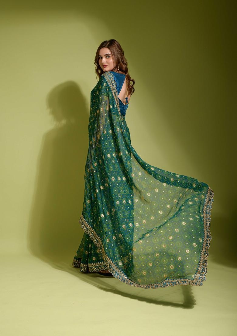 Teal Lace Work Chiffon Saree Set - Indya