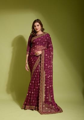 Wine Lace Work Chiffon Saree Set