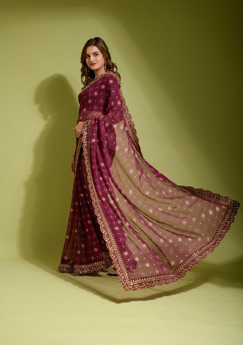 Wine Lace Work Chiffon Saree Set - Indya