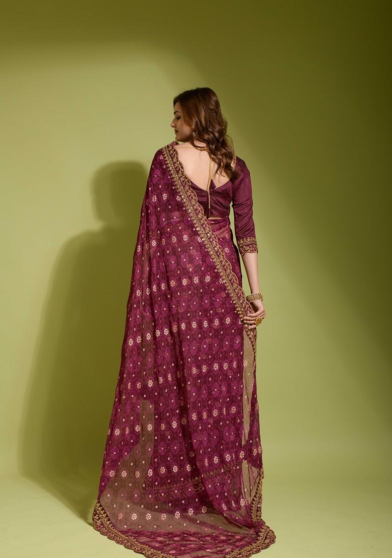 Wine Lace Work Chiffon Saree Set - Indya