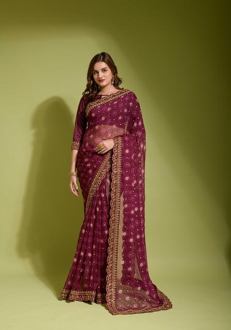 Wine Lace Work Chiffon Saree Set