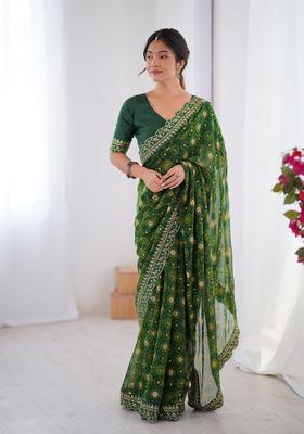 Green Lace Work Chiffon Saree Set
