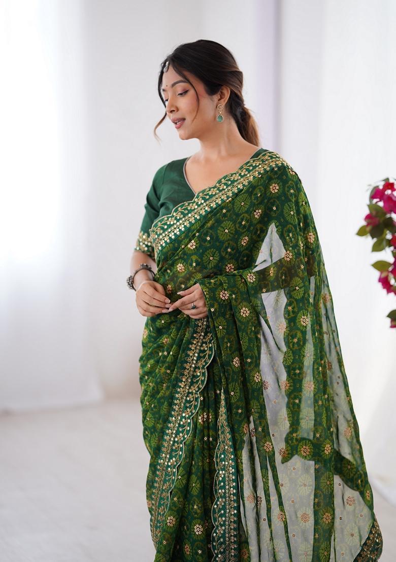 Green Lace Work Chiffon Saree Set - Indya