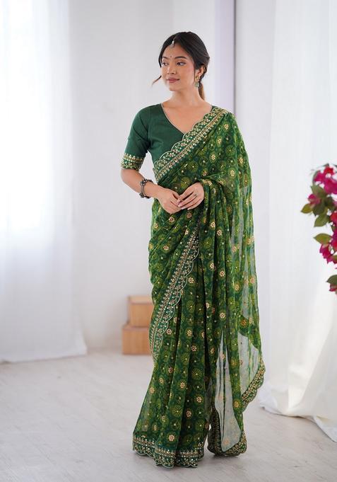 Green Lace Work Chiffon Saree Set