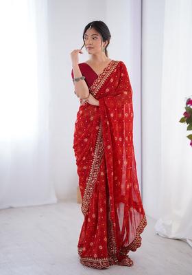 Red Lace Work Chiffon Saree Set