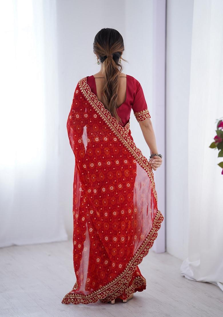 Red Lace Work Chiffon Saree Set - Indya