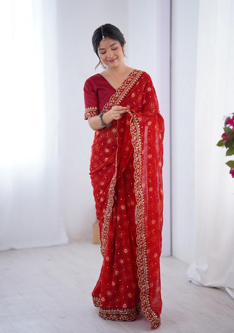 Red Lace Work Chiffon Saree Set - Indya