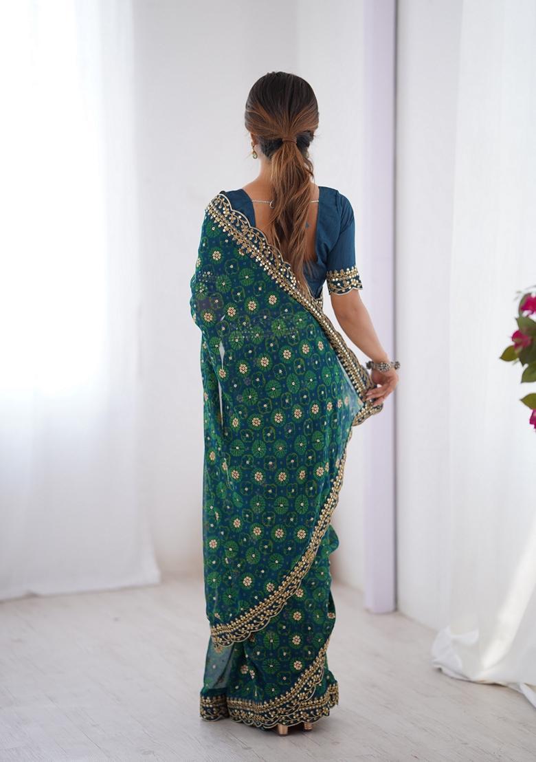 Teal Lace Work Chiffon Saree Set - Indya