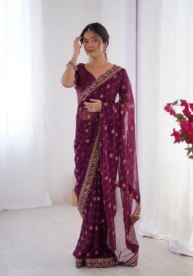 Wine Lace Work Chiffon Saree Set