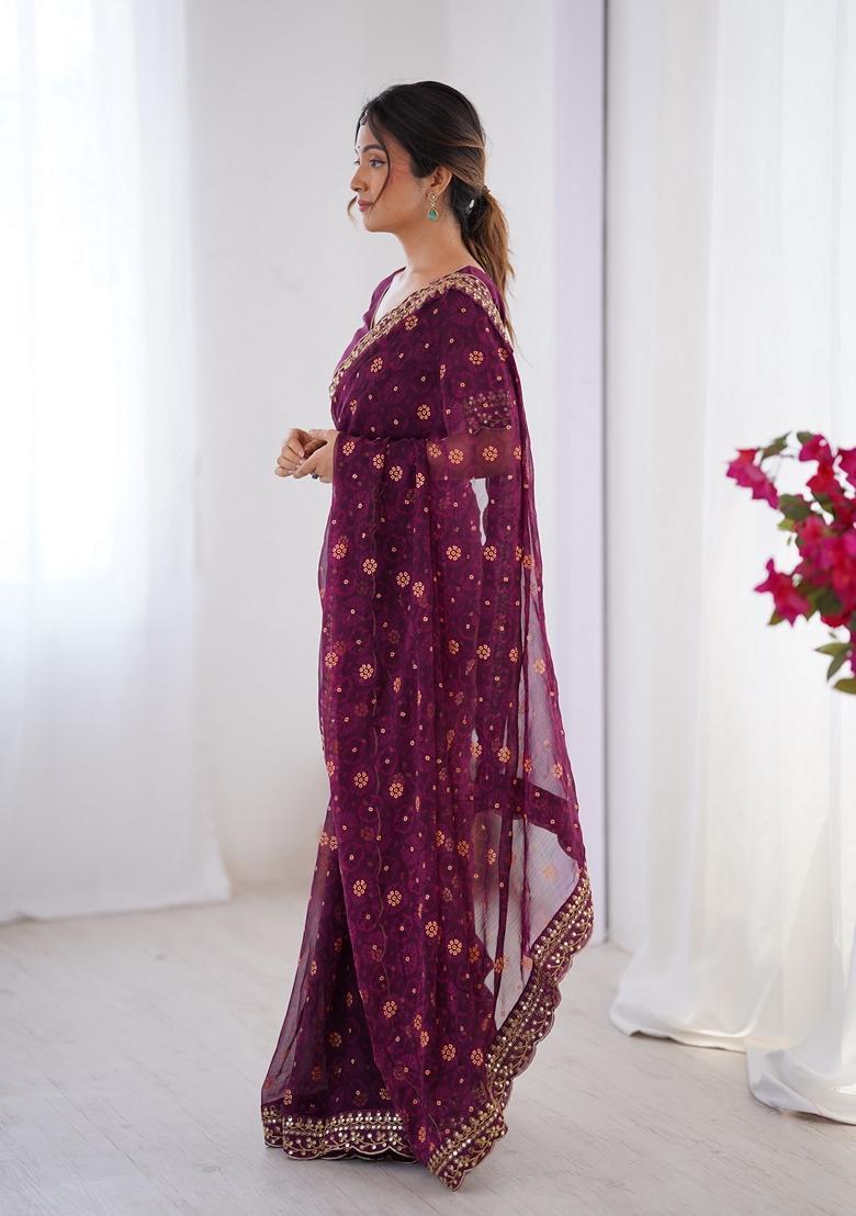 Wine Lace Work Chiffon Saree Set - Indya