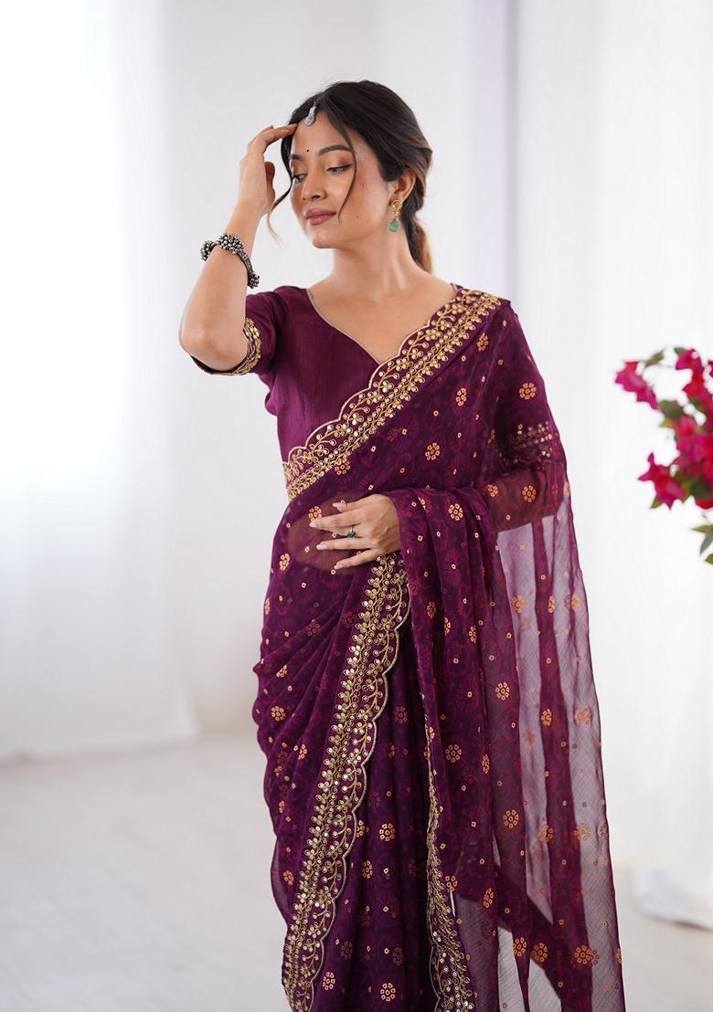 Wine Lace Work Chiffon Saree Set - Indya