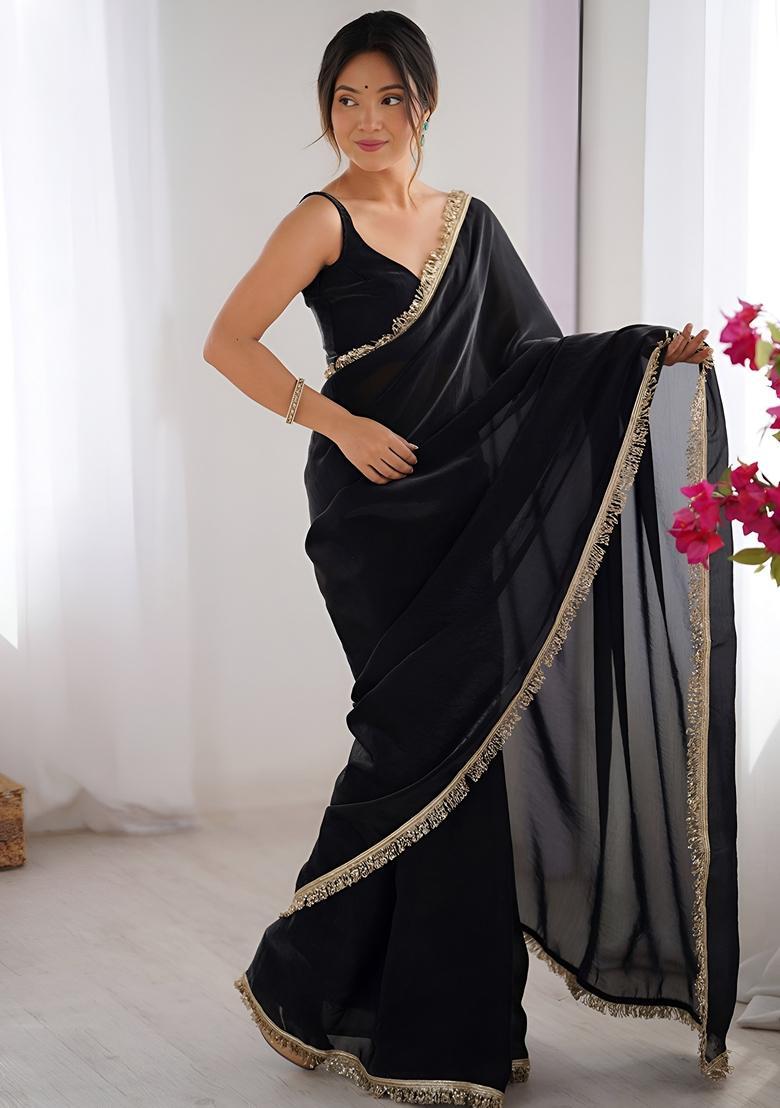Black Lace Work Silk Saree Set - Indya