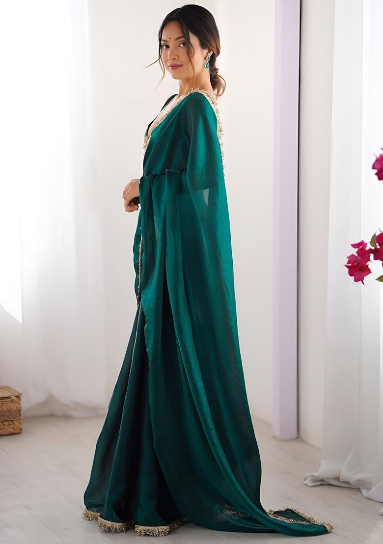 Green Lace Work Silk Saree Set - Indya