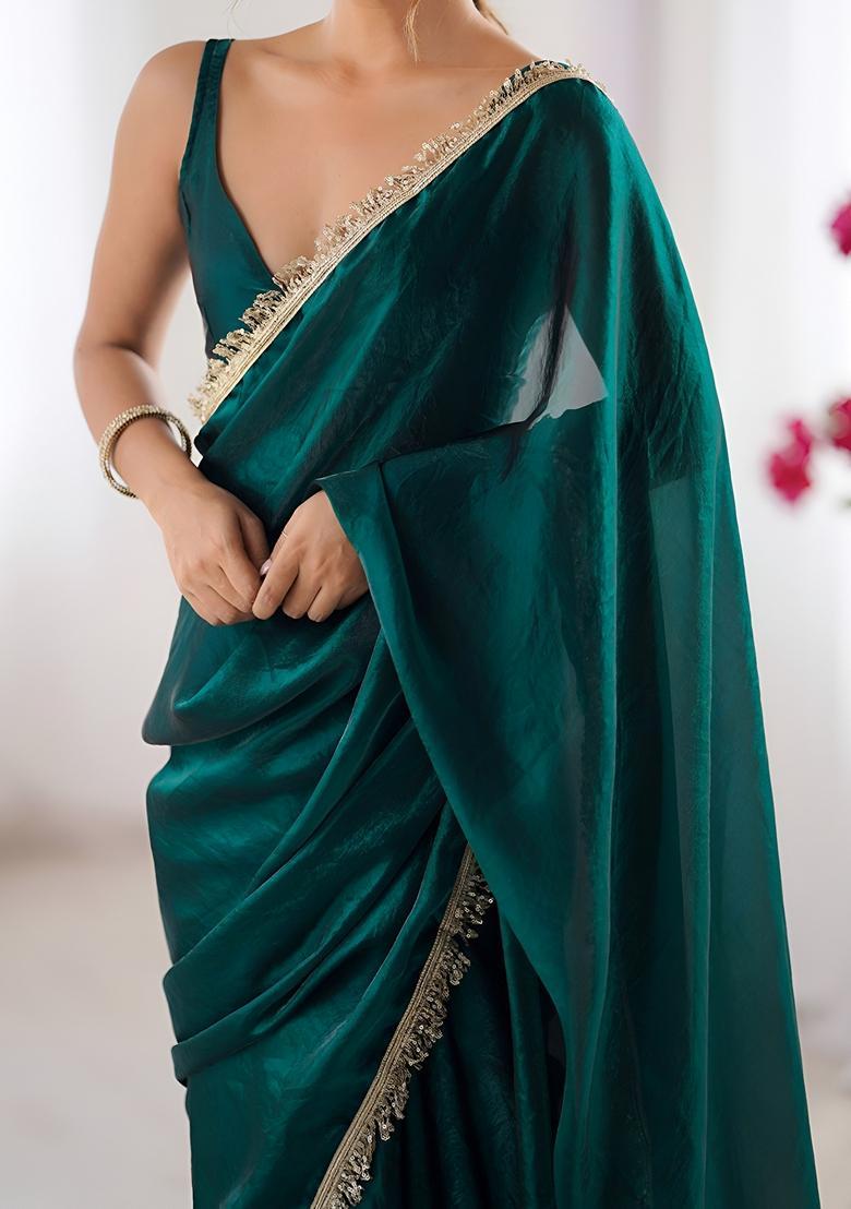 Green Lace Work Silk Saree Set - Indya