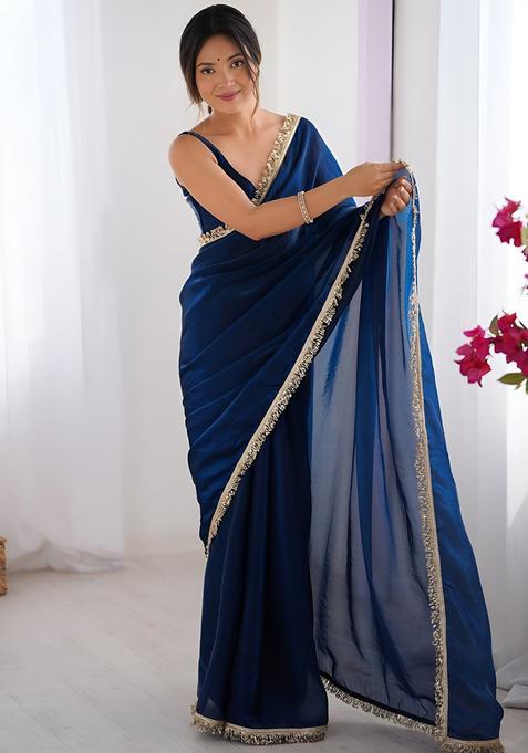 Teal Lace Work Silk Saree Set