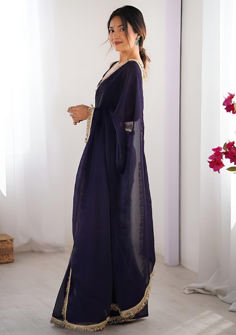 Purple Lace Work Silk Saree Set - Indya