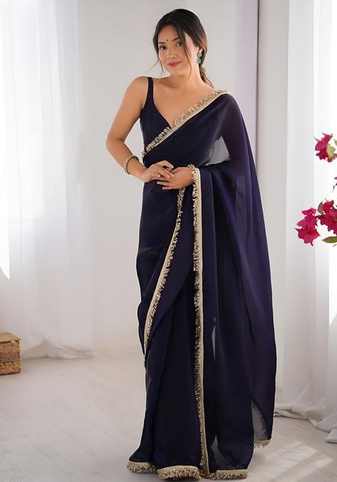 Purple Lace Work Silk Saree Set