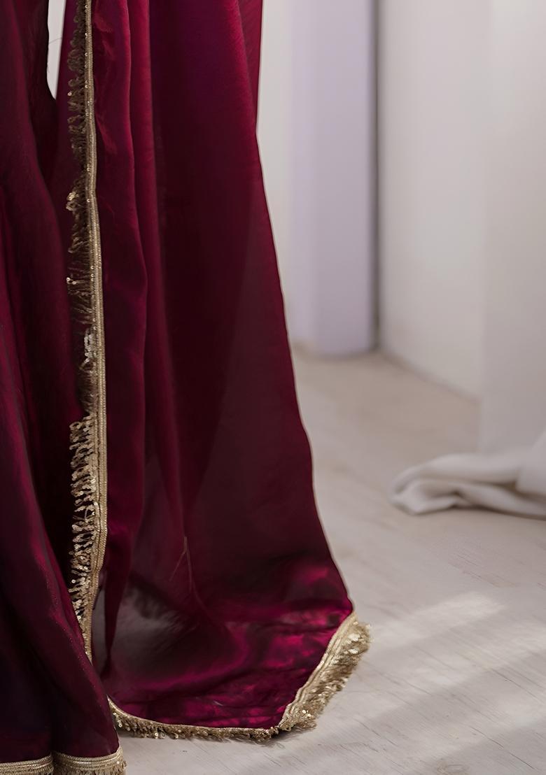 Wine Lace Work Silk Saree Set - Indya