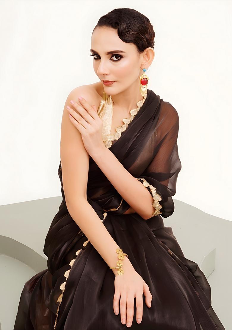 Black Lace Work Silk Saree Set - Indya