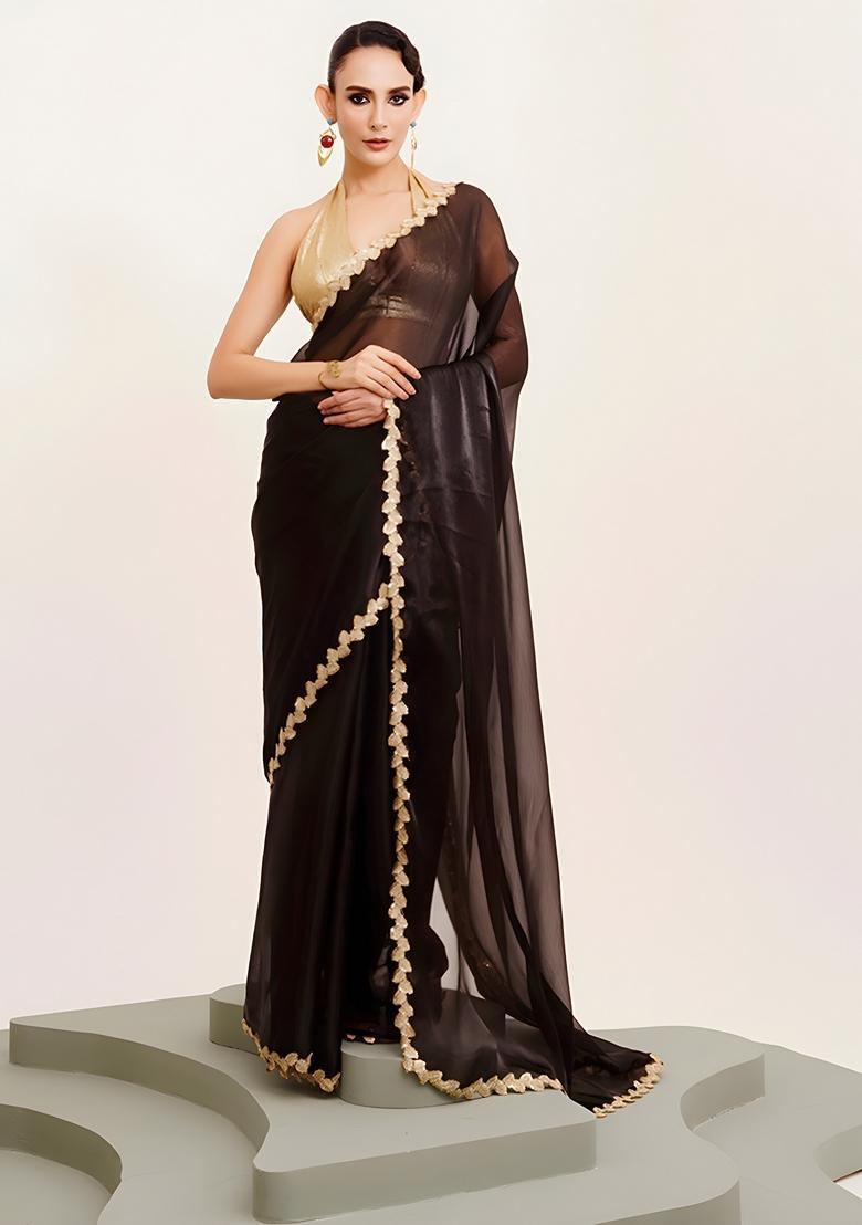 Black Lace Work Silk Saree Set - Indya