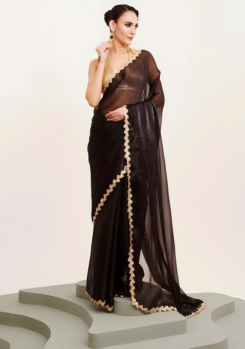 Black Lace Work Silk Saree Set