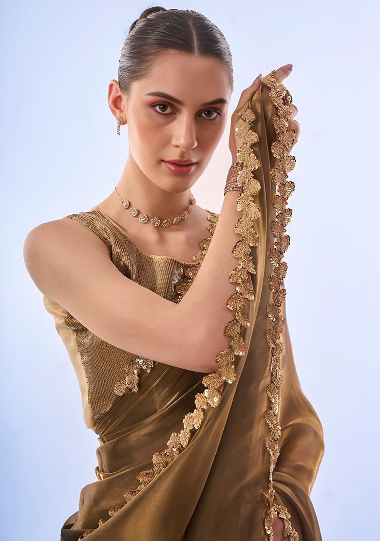 Gold Lace Work Silk Saree Set - Indya