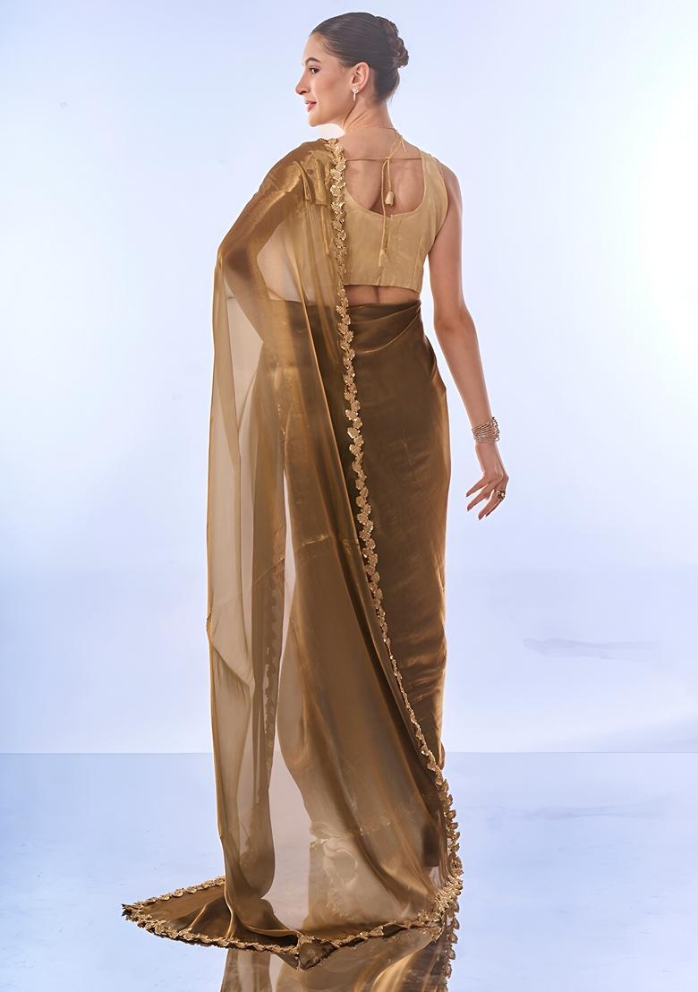 Gold Lace Work Silk Saree Set - Indya