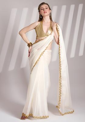 White Lace Work Silk Saree Set
