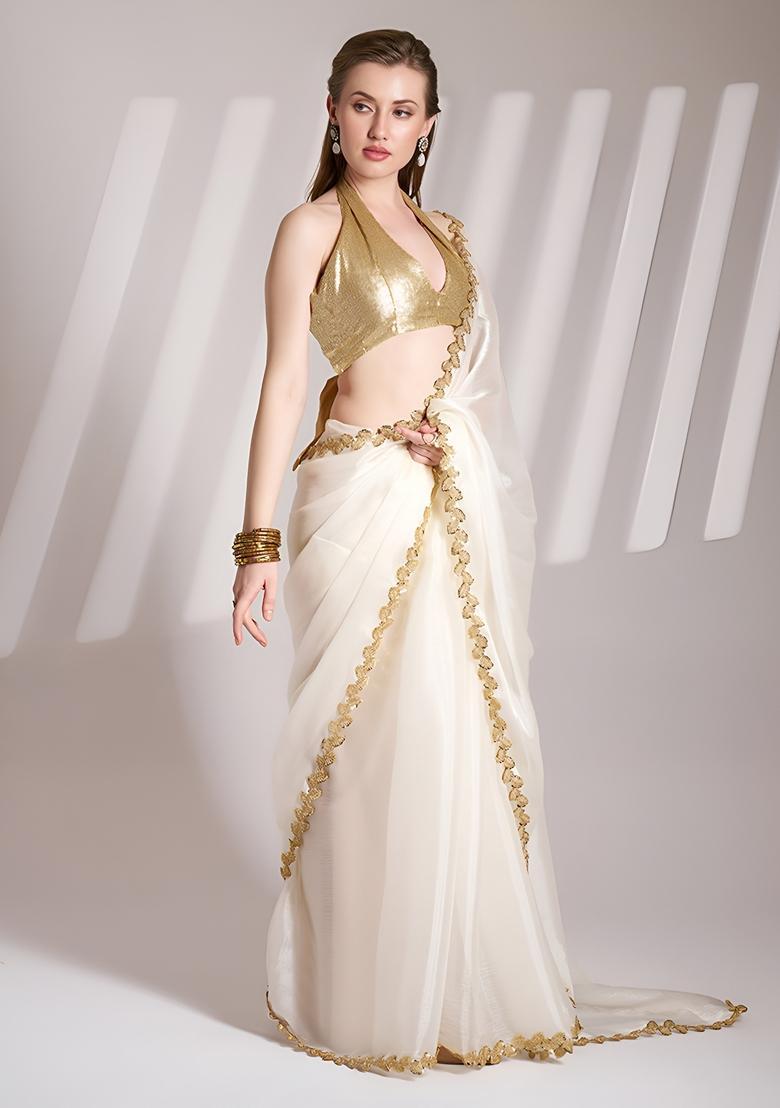White Lace Work Silk Saree Set - Indya