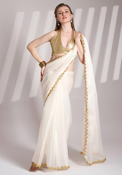 White Lace Work Silk Saree Set