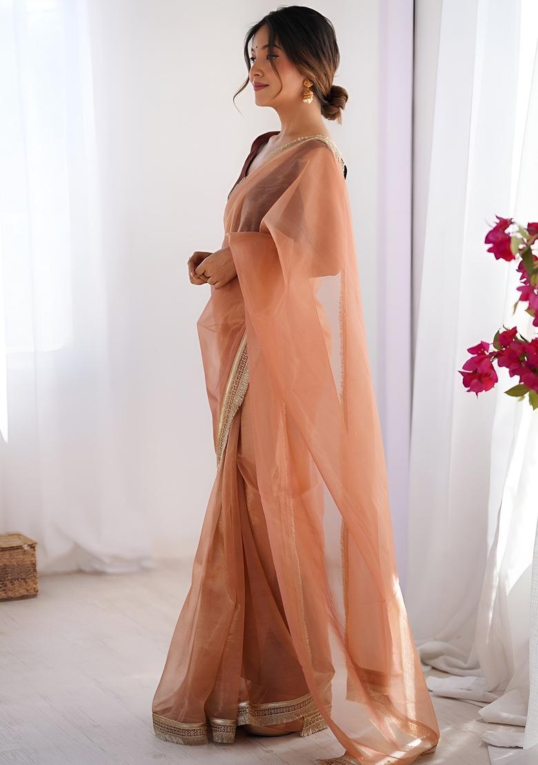 Orange Lace Work Silk Saree Set - Indya