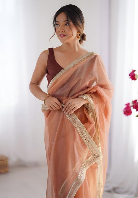 Orange Lace Work Silk Saree Set