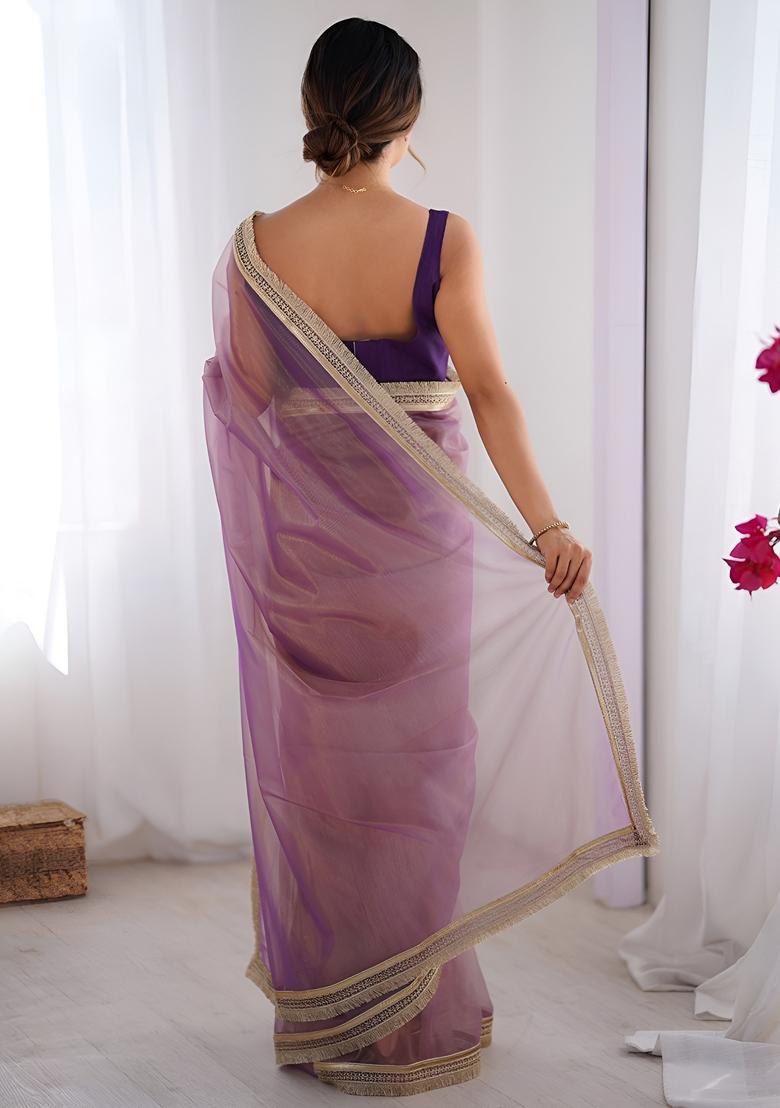 Mauve Lace Work Silk Saree Set - Indya