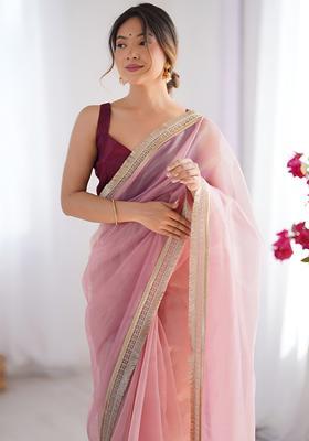 Pink Lace Work Silk Saree Set