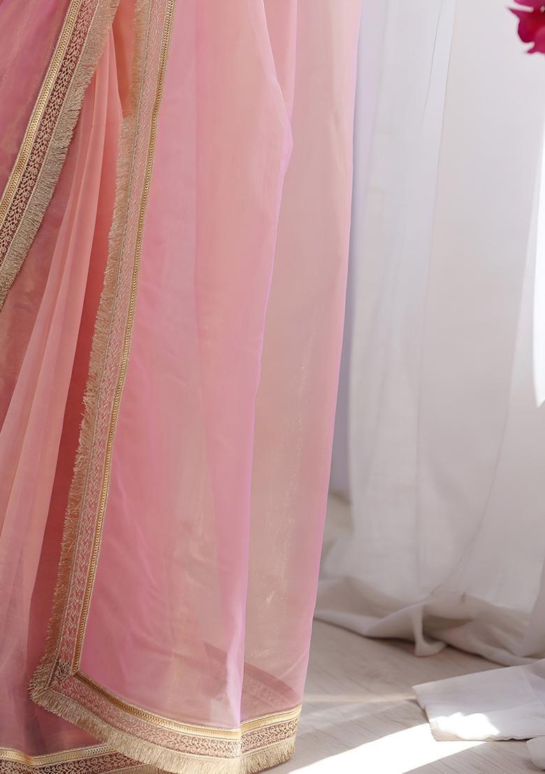 Pink Lace Work Silk Saree Set - Indya