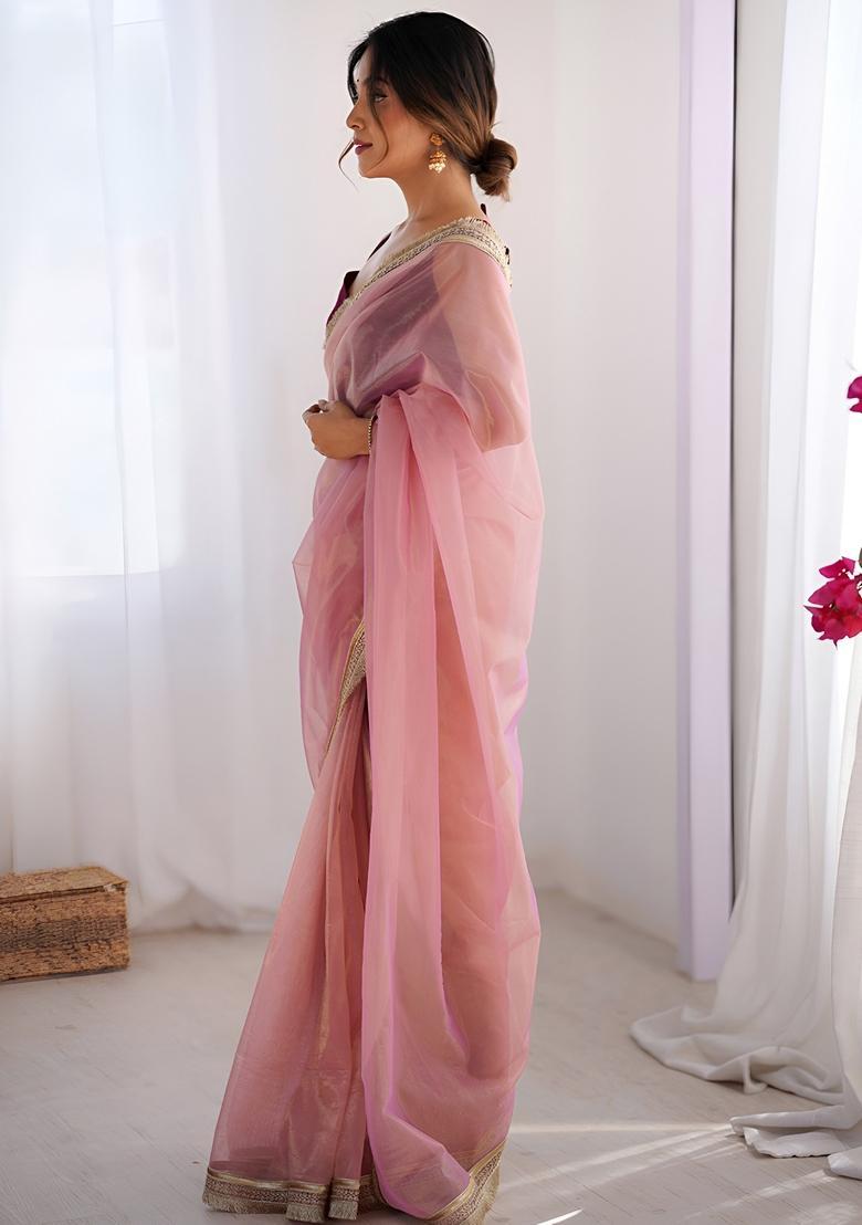 Pink Lace Work Silk Saree Set - Indya